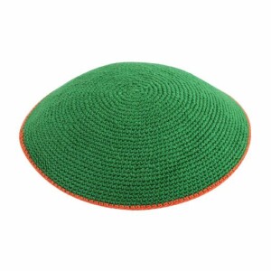 Knitted Hand-Made Green Kippah with Orange Stripe